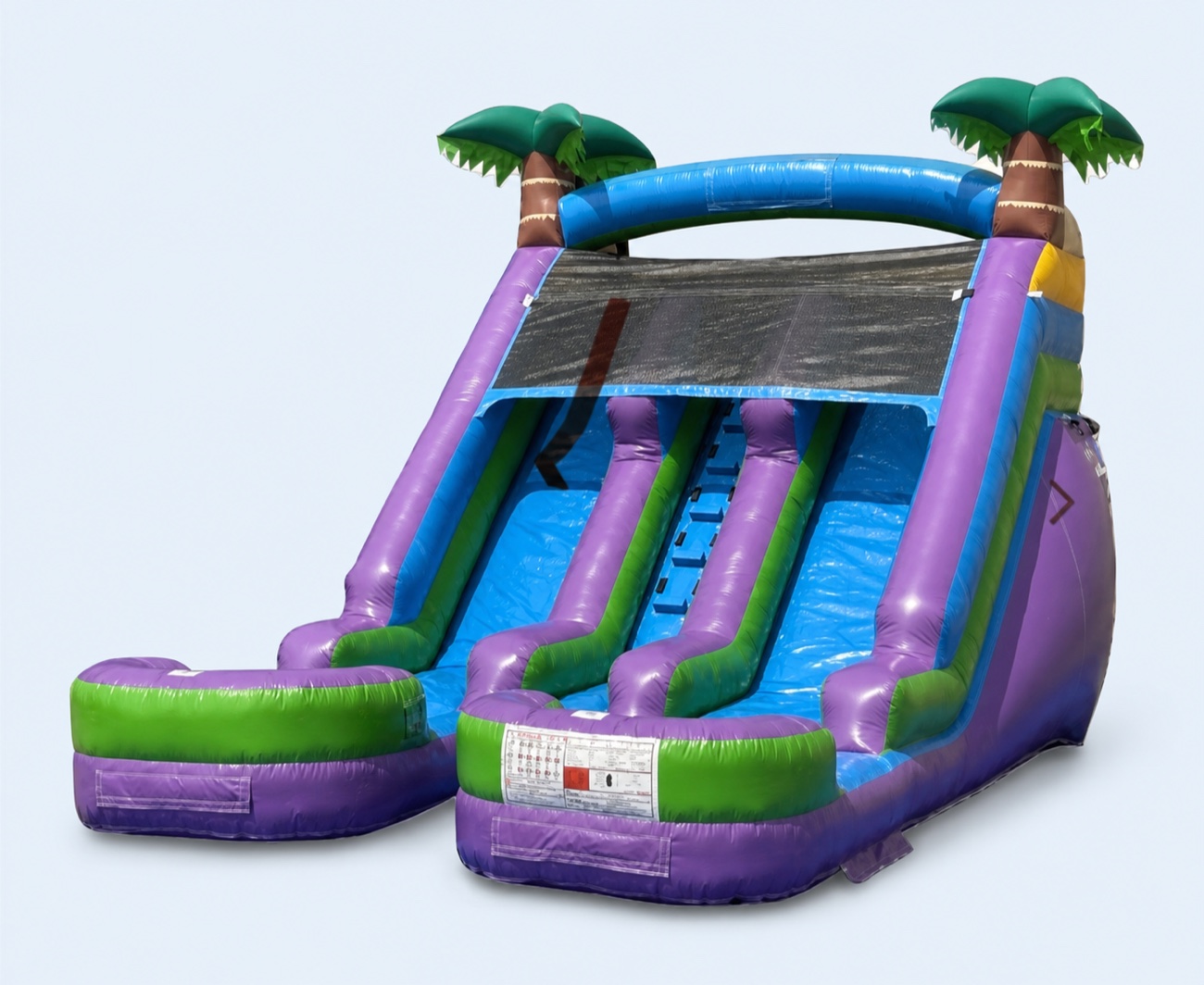 Purple, green, and blue tropical dual-lane slide on a clean studio background