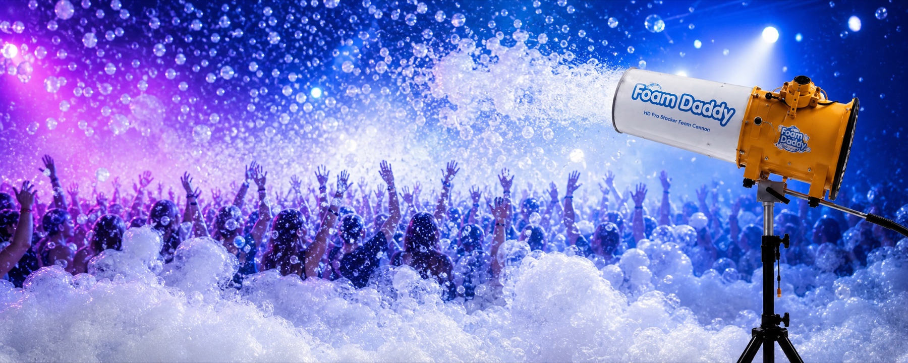 Professional foam cannon filling a blue-lit party with clean white foam