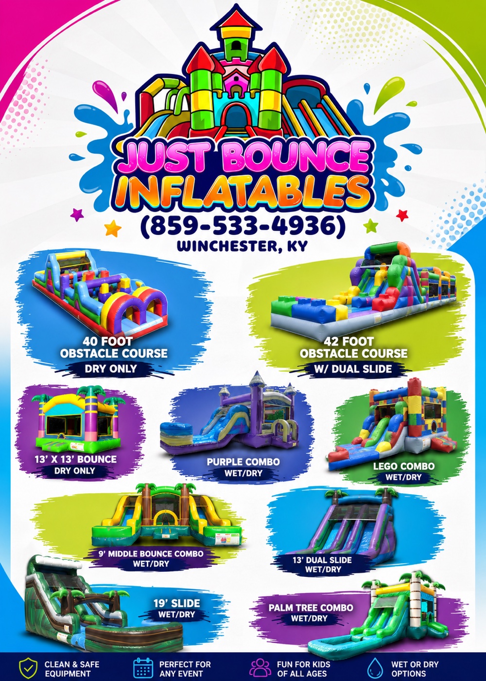 Just Bounce Inflatables rental lineup featuring the company phone number, bounce houses, slides, combos, and obstacle courses
