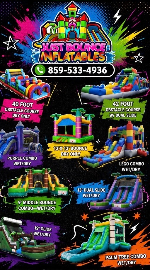 Just Bounce Inflatables complete rental lineup with nine inflatable options