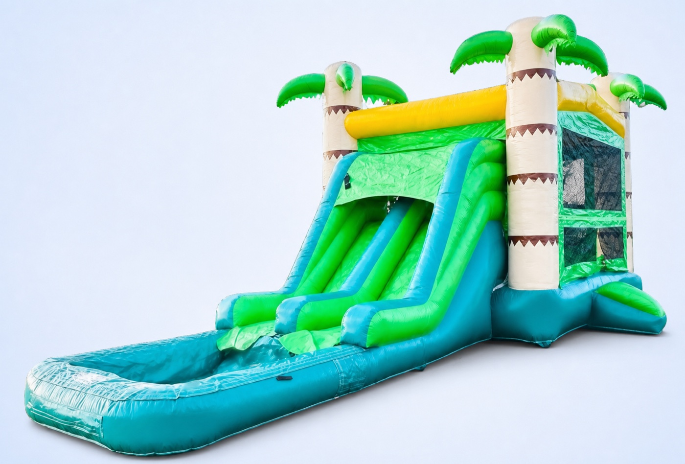 Aqua, green, and white palm-tree bounce-and-slide combo on a clean studio background