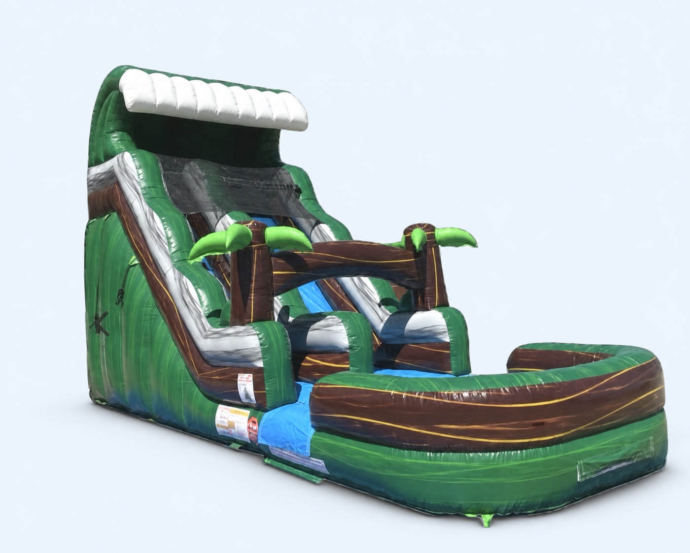 Tall green and brown 19-foot inflatable slide on a clean studio background